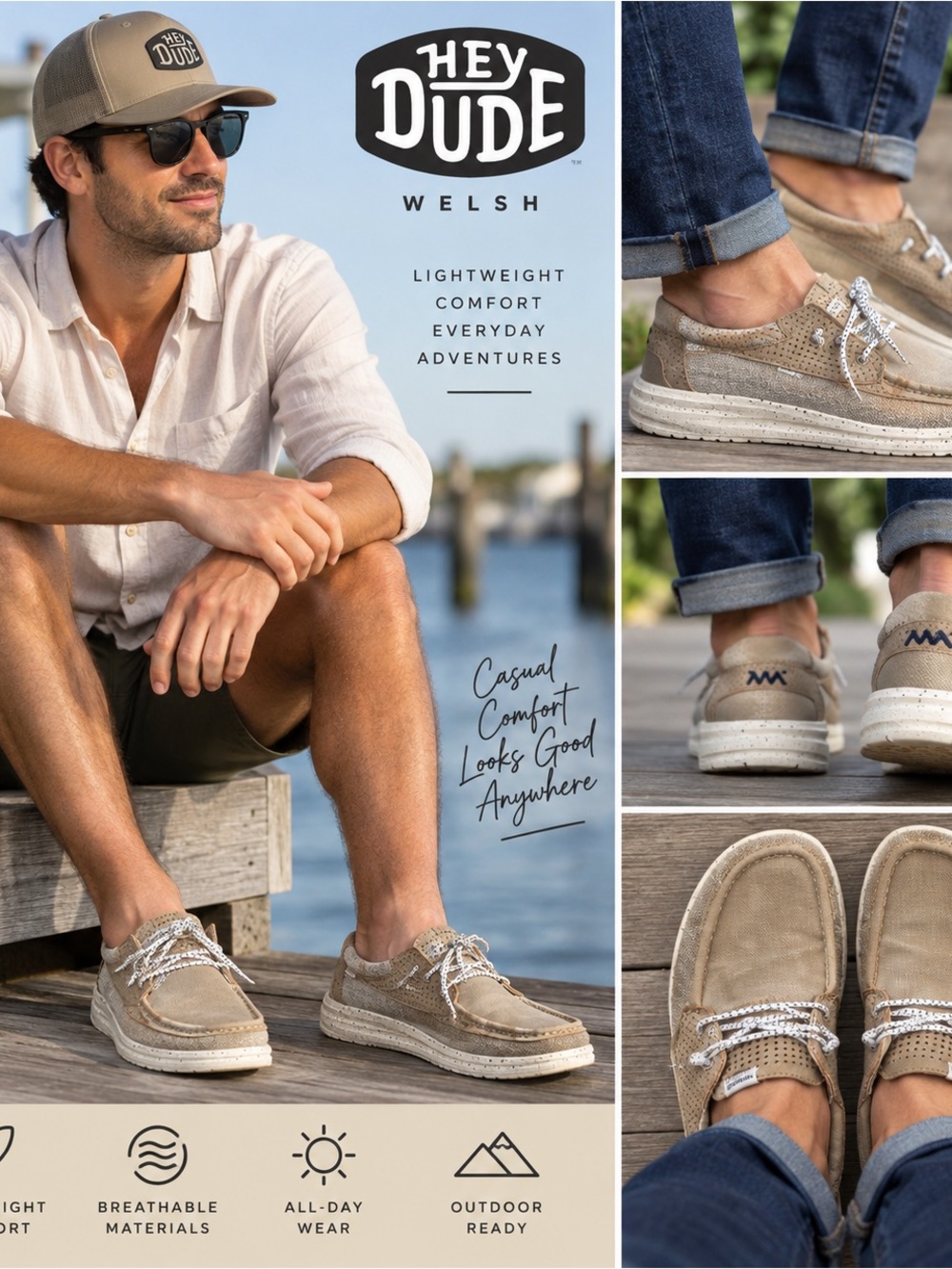 HEYDUDE Welsh Men’s 10 Tan Beige Boat Shoes Loafers Lightweight Casual Slip On